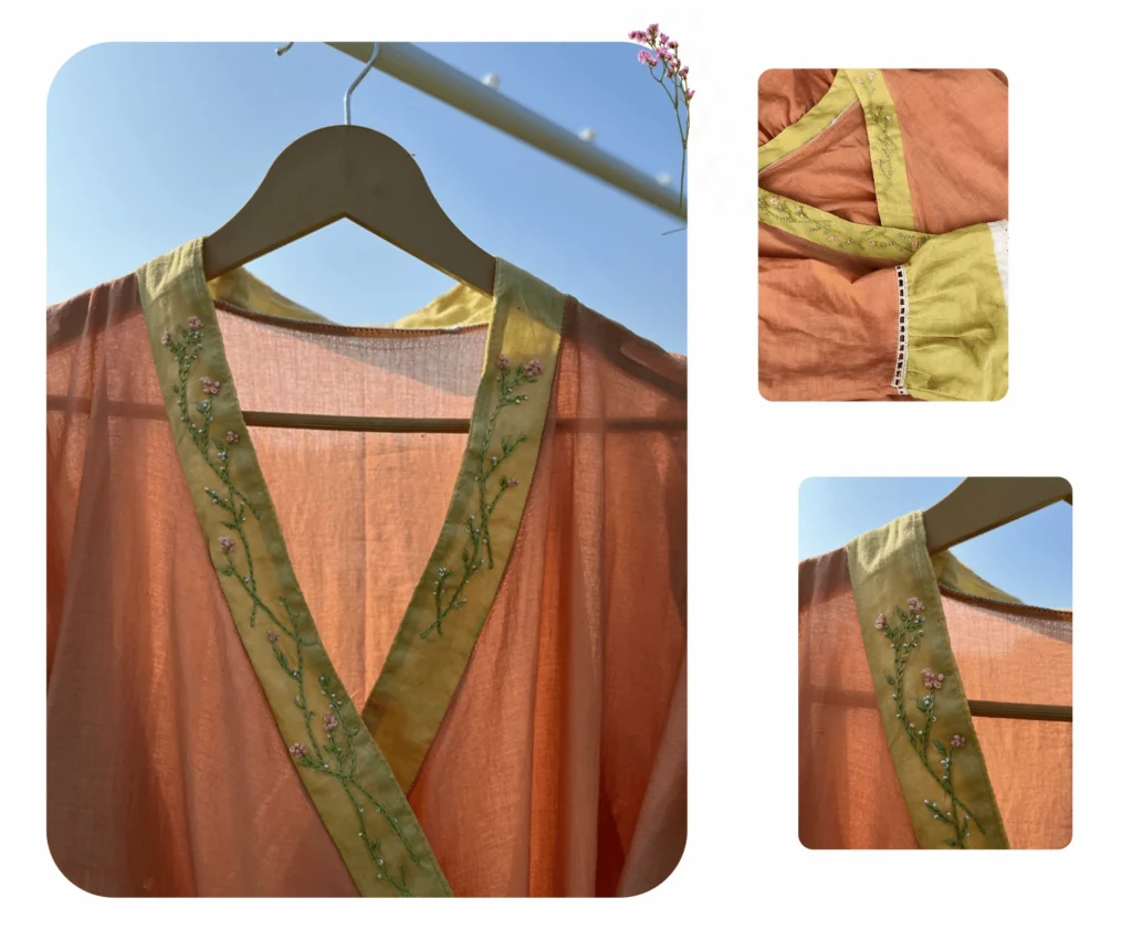 peach wrap around mul midi dress for sustainable fashion loving women