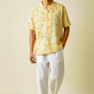 marigold eco printed shirt with hand embriodery boxy cut