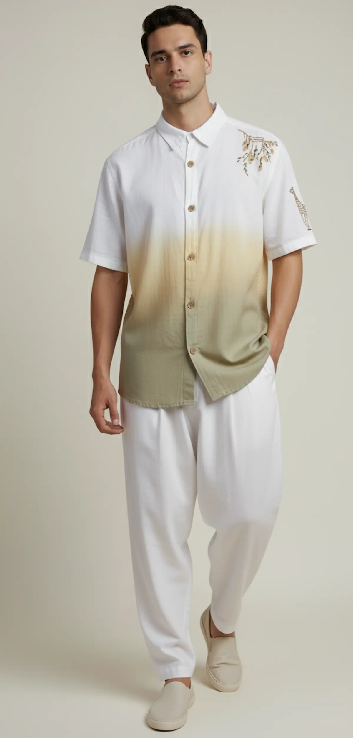 khadi hand embriodered mango giraffe hand embriodered yellow green shirt