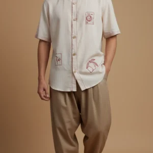 beige casual khadi boxy cut shirt with hand embriodery