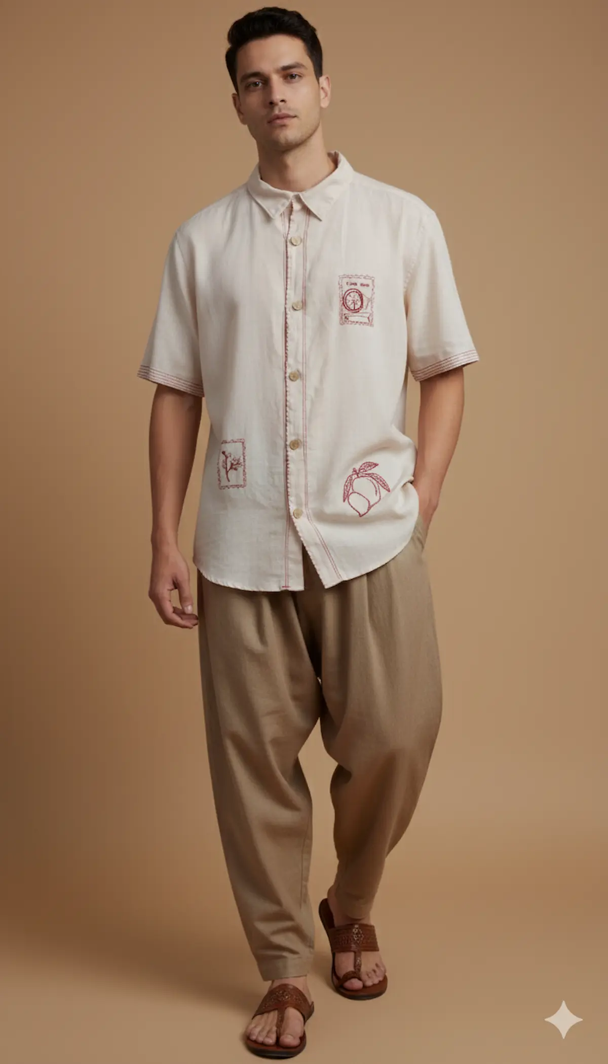 beige casual khadi boxy cut shirt with hand embriodery