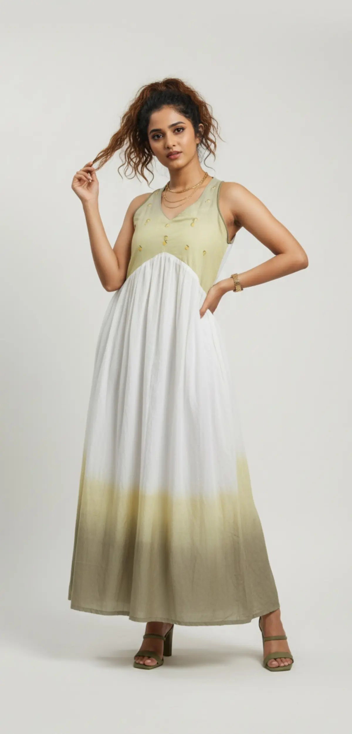 mul cotton hand embriodery yellow green ombre maxi dress