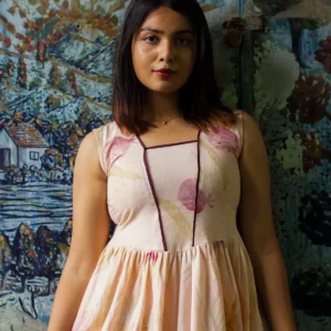 ECO PRINTED MIDI DRESS WITH TEAK LEAF AND IN PINK COLOUR