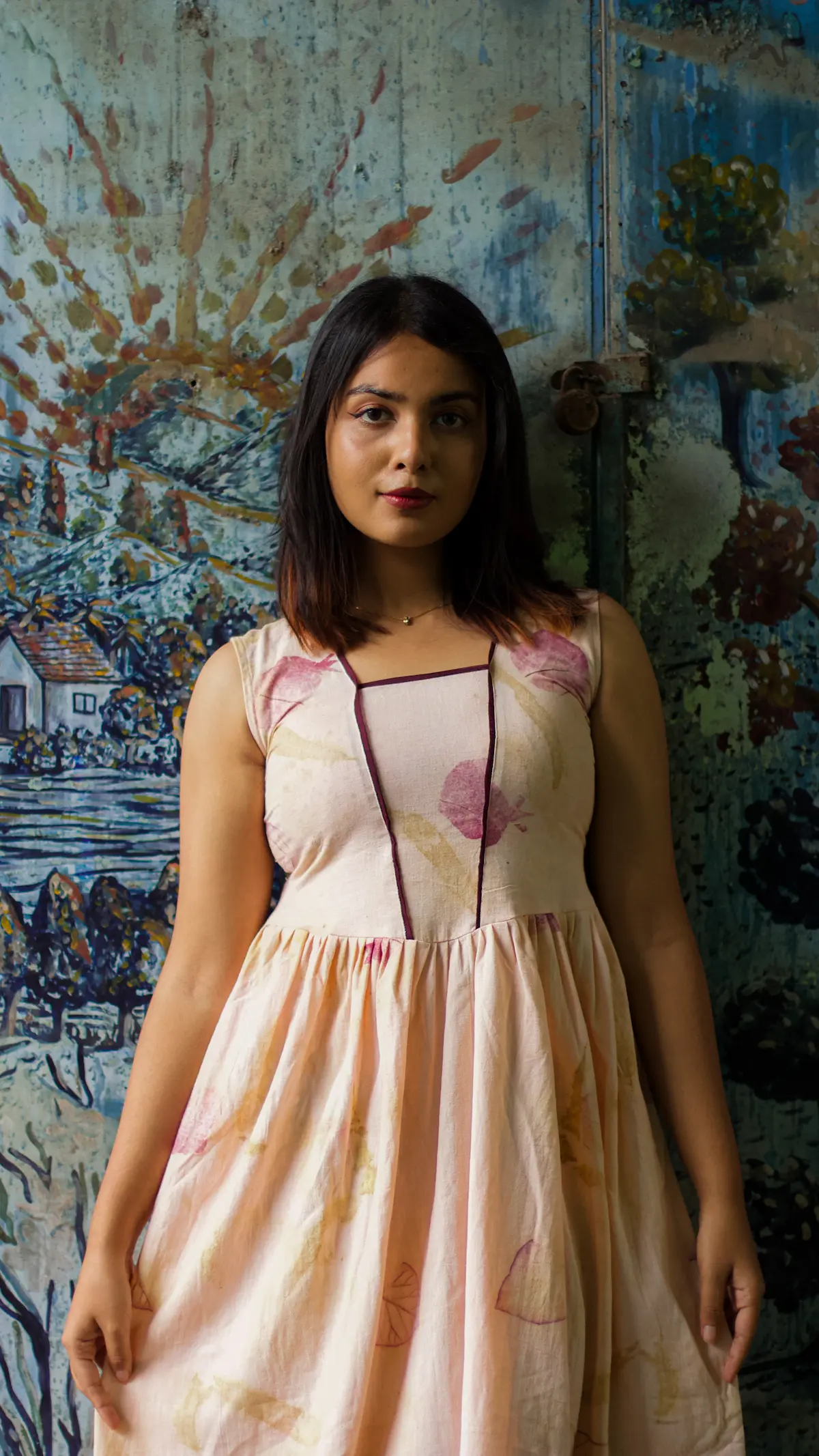 ECO PRINTED MIDI DRESS WITH TEAK LEAF AND IN PINK COLOUR