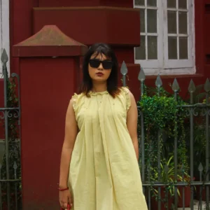 mul cotton midi dress yellow hand embriodered