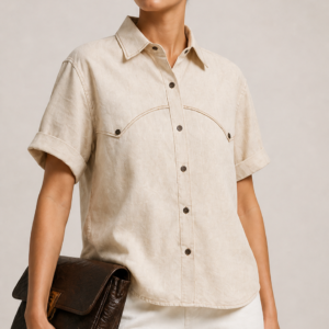 Latte Frappé unisex linen shirt in soft latte cream