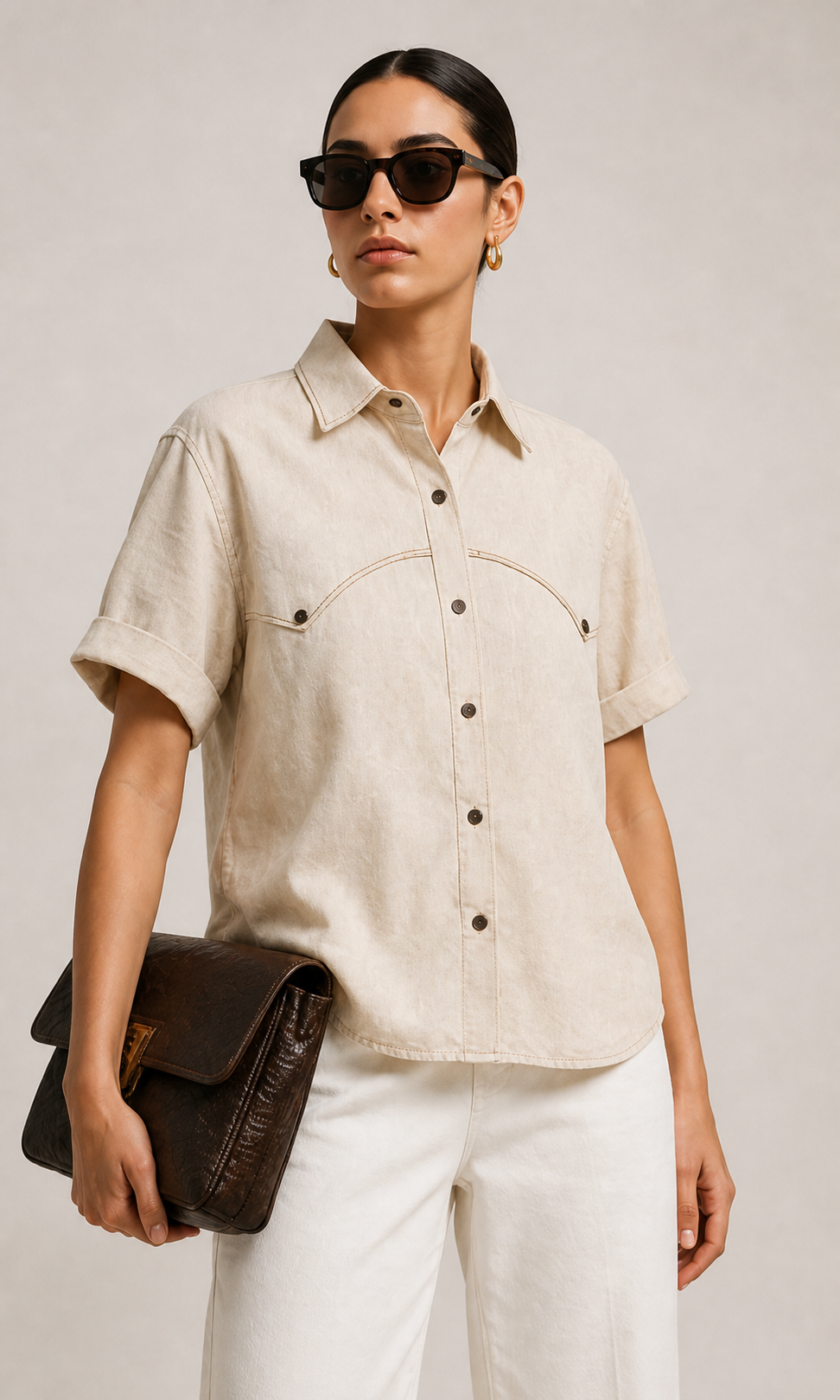 Latte Frappé unisex linen shirt in soft latte cream