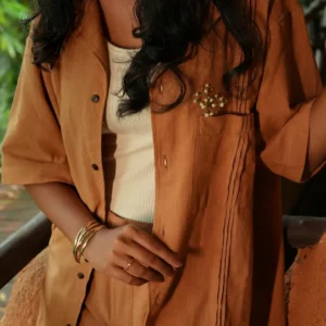 Café Miel brown linen shirt and trousers set Coffee dyed linen co ord set by Dear Tomorrow Café Miel relaxed linen co ord set Golden brown coffee dyed linen clothing