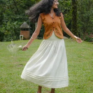 Café Crème ivory linen gathered skirt with layered hem